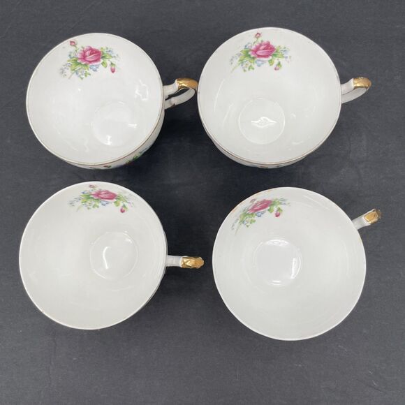 Porcelain Snack Shell Shaped Plates Cups 4 Sets Pink Roses Gold Trim Japan Vtg B - Picture 8 of 13